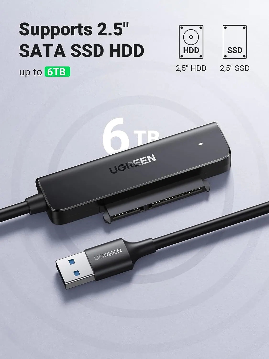 UGREEN ১.৫ ফুট কেবল SATA থেকে USB 3.0 অ্যাডাপ্টার কেবল 2.5" SSD এবং HDD হার্ড ড্রাইভ অ্যাডাপ্টারের জন্য 5Gbps সাপোর্ট SATA III UASP স্যামসাং সিগেট WD সানডিস্ক হিটাচি তোশিবা, PS3, PS4, Xbox, PC, রাউটার, (70609) এর সাথে সামঞ্জস্যপূর্ণ