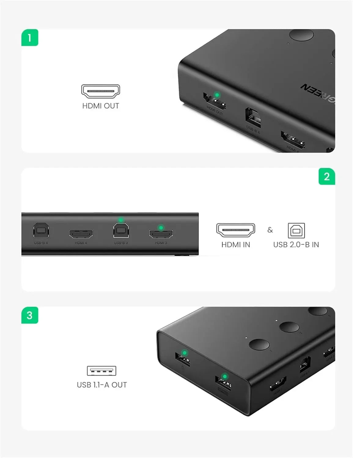 UGREEN 4 इन 1 आउट 4K@60Hz HDMI 2.0 KVM स्विच बॉक्स, कीबोर्ड माउस प्रिंटर मॉनिटर शेयरिंग चयनकर्ता USB हब के साथ लैपटॉप डेस्कटॉप PS4 Xbox One आदि के लिए(70439)