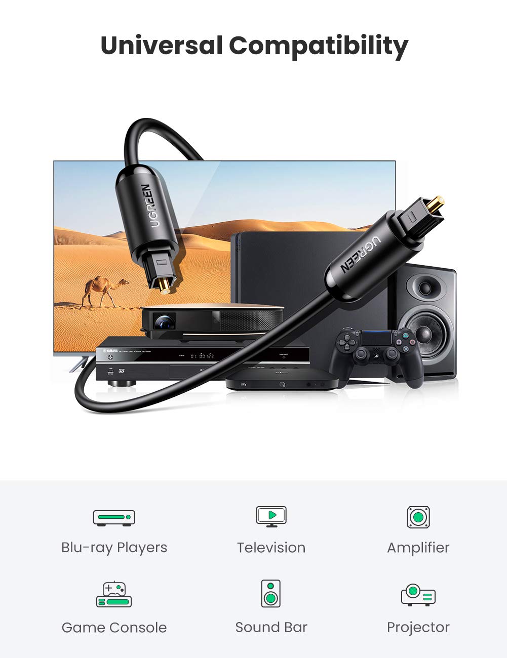 UGREEN 70892 2m Toslink optical audio cable universal compatibility