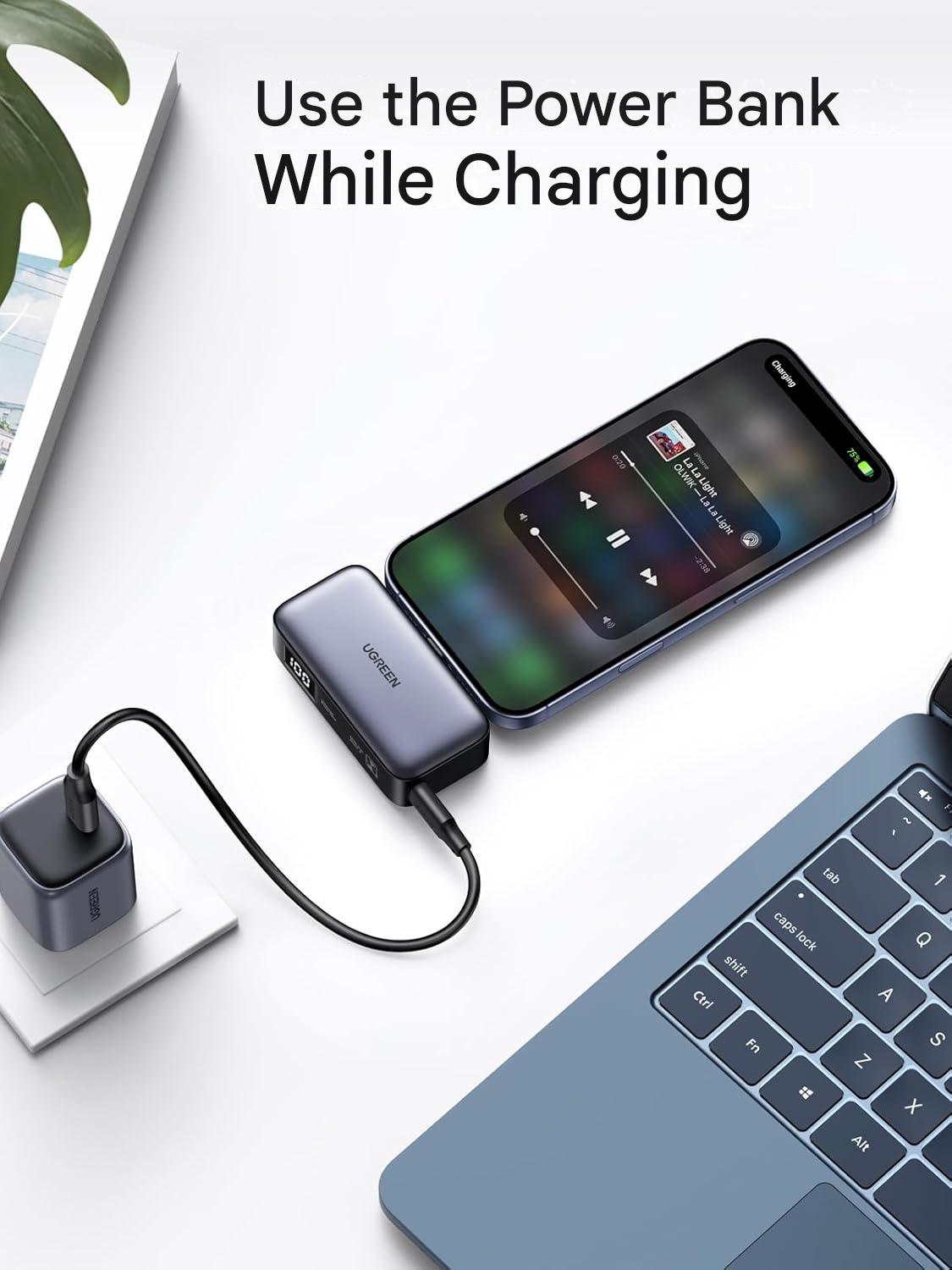 UGREEN 5000mAh Power Bank Built-in USB C Port, Portable Charger 22.5W Fast Charging with Stand, LED Display, Portable Battery Compatible with iPhone 15 iPad Pro Galaxy Pixel Black(35338)