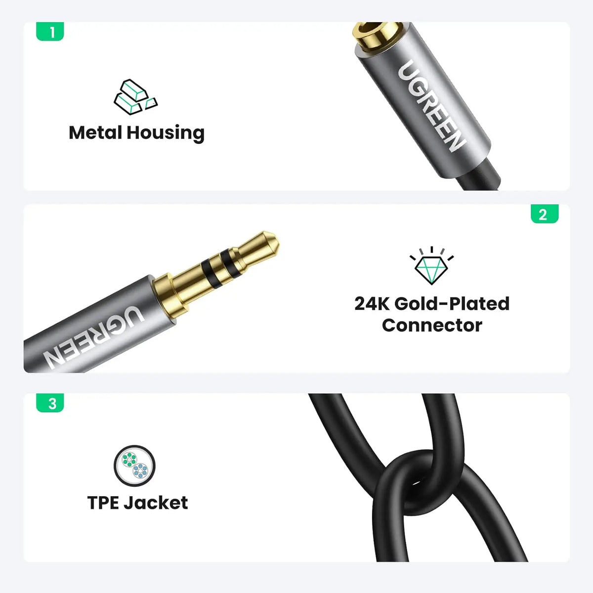 UGREEN headphone splitter metal housing 24K gold plated connector and TPE jacket