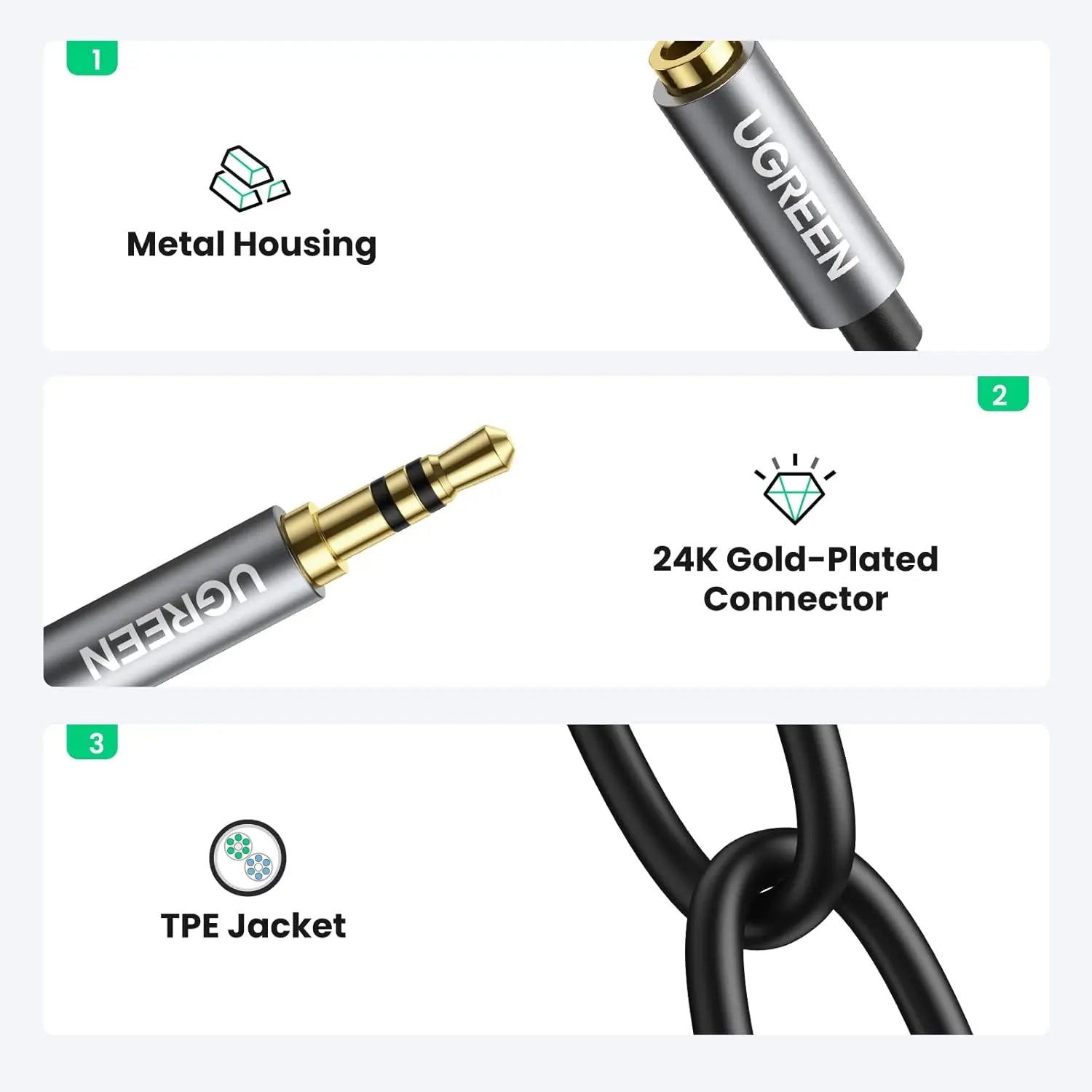 UGREEN headphone splitter metal housing 24K gold plated connector and TPE jacket
