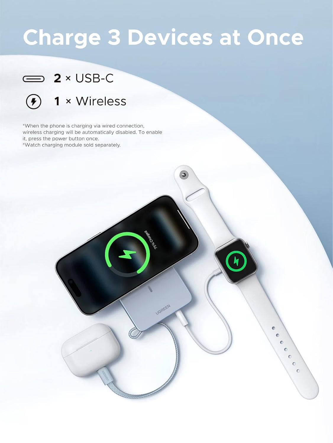 UGREEN MagFlow powering a phone, earbuds and an Apple Watch through three charging connections