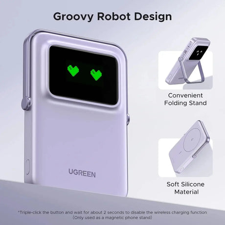 UGREEN 5000mAh Uno Magsafe Power Bank Magnetic 20W Fast Charging with Foldable Stand Emoji TFT Display Power bank for iPhone 16 Pro Max/15 Plus/14/13/12 Series, Purple (35606) Ugreen