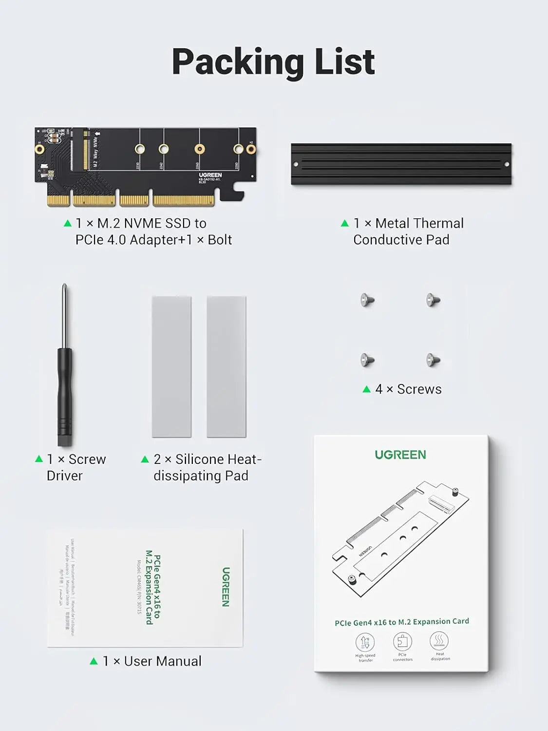 UGREEN NVMe PCIe অ্যাডাপ্টার PCle Gen4 x16 থেকে M.2 এক্সপ্যানশন কার্ড M.2 SSD থেকে PCIe 4.0 X16/X8/X4 কার্ড হিটসিঙ্ক M.2 PCIe কনভার্টার সহ থান্ডারবোল্ট 3 (30715) এর সাথে সামঞ্জস্যপূর্ণ