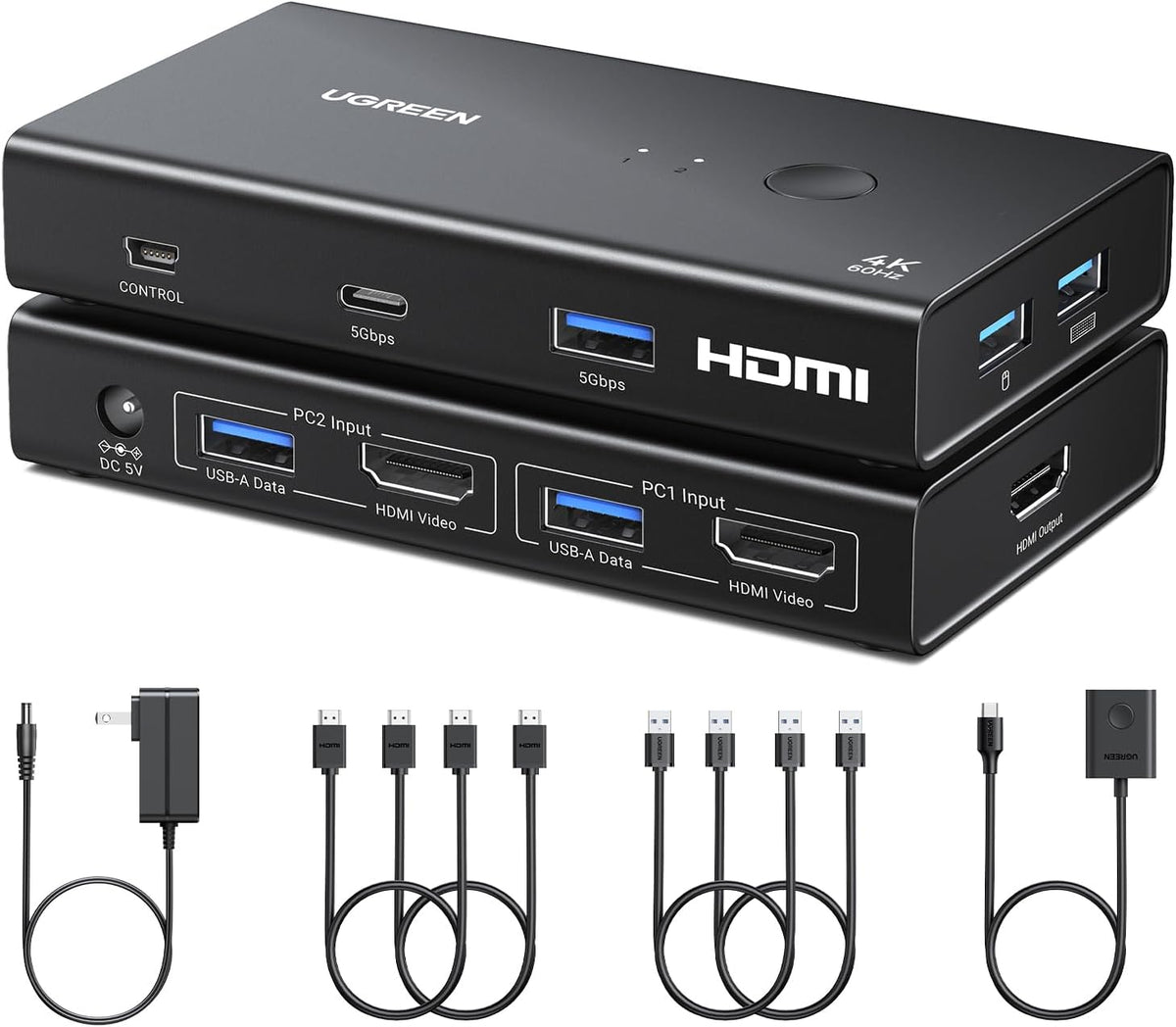 UGREEN 45452 2-in-1-out 4K60 HDMI KVM switch with USB 3.0 ports and desktop controller