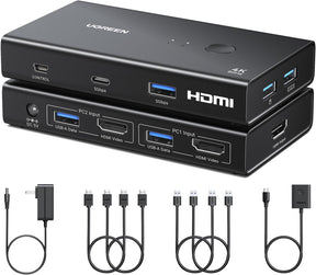 UGREEN 45452 2-in-1-out 4K60 HDMI KVM switch with USB 3.0 ports and desktop controller