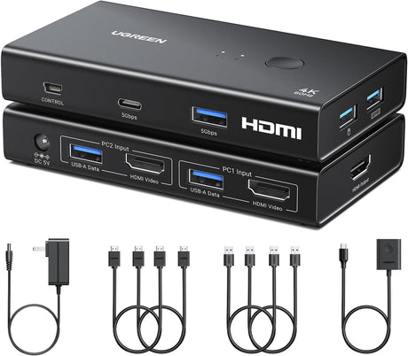 UGREEN 45452 2-in-1-out 4K60 HDMI KVM switch with USB 3.0 ports and desktop controller