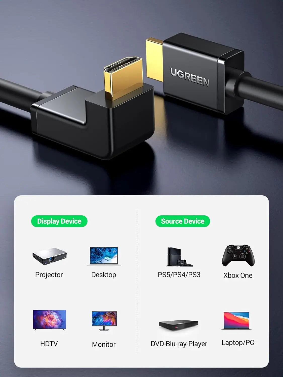 UGREEN 2M High Speed HDMI Cable with Ethernet 90 Degree Right Angle Supports 3D & Audio Return Compatible for Blu Ray Player 3D TV Roku Boxee Xbox360 PS3 Apple TV etc.(10173) - Ugreen India