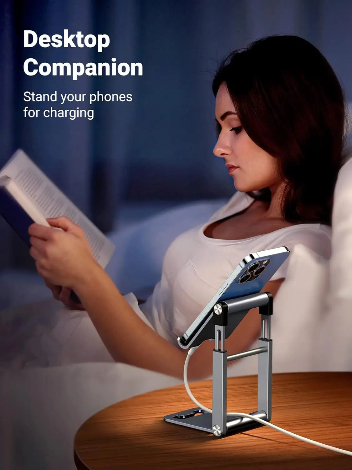 UGREEN LP263 desktop phone stand with open charging cable access for bedside use