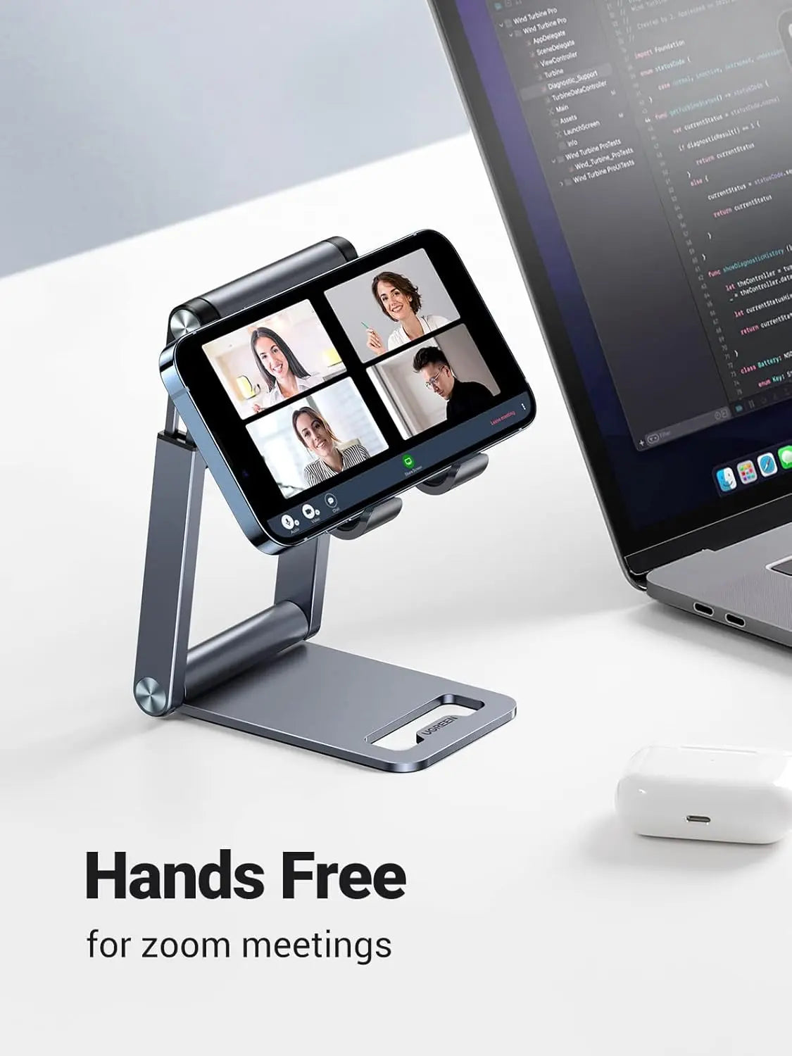UGREEN adjustable desk phone stand holding a phone horizontally for Zoom video meetings
