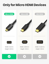 UGREEN 1M Micro HDMI Male to HDMI Male Cable Adapter 4K 60Hz Ethernet Audio Return Channel Compatible with GoPro Hero 7/6 Raspberry Pi 4 Retroid Pocket 2+ Yoga 3 B500 Sony A6000 Camera Video Capture Card (30148)