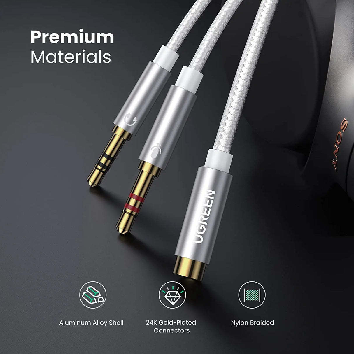 UGREEN 20CM Metal TRRS Female to Dual Male Audio PC Adapter Y Splitter 3.5mm Headphone Microphone Jack Converter Headset 10790