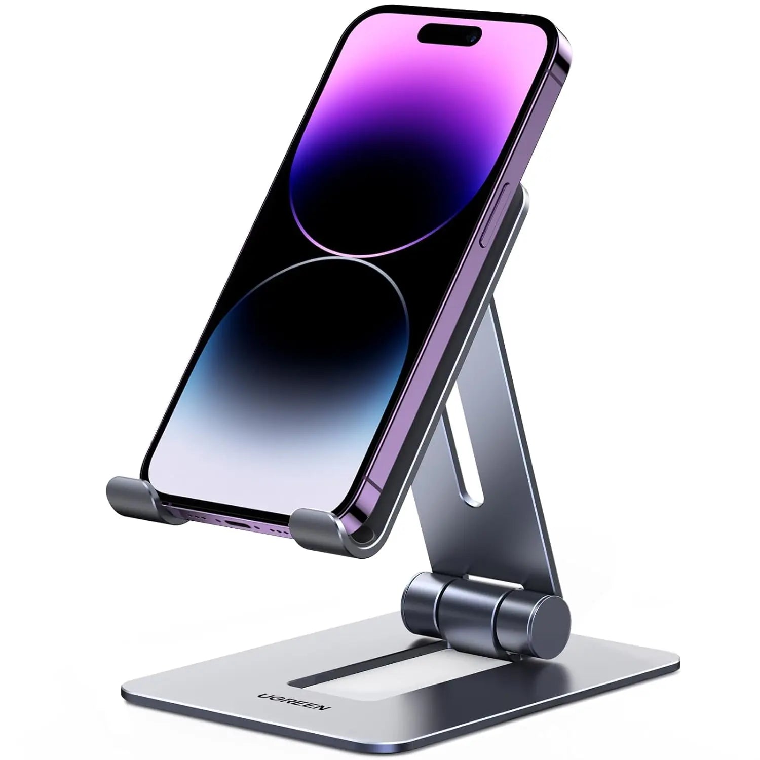 UGREEN LP678 grey desktop phone stand holding a smartphone in portrait orientation