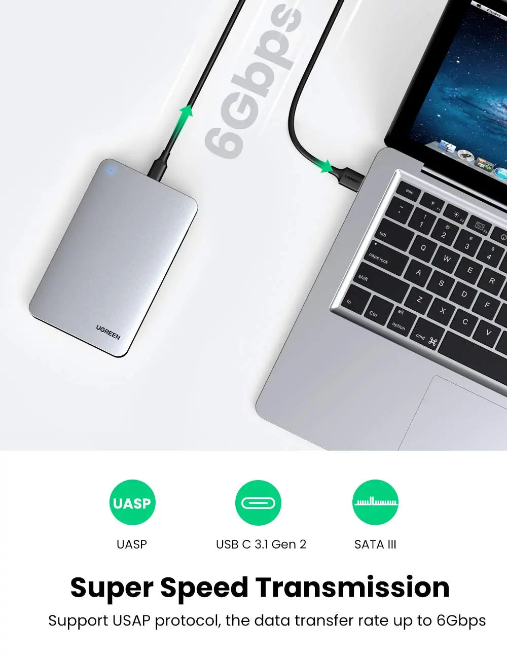UGREEN 2.5 Inch SATA External Hard Drive Enclosure USB 3.1 Gen 2 UASP Aluminum Tool-Free WD Seagate Samsung PS4 Xbox (70498)