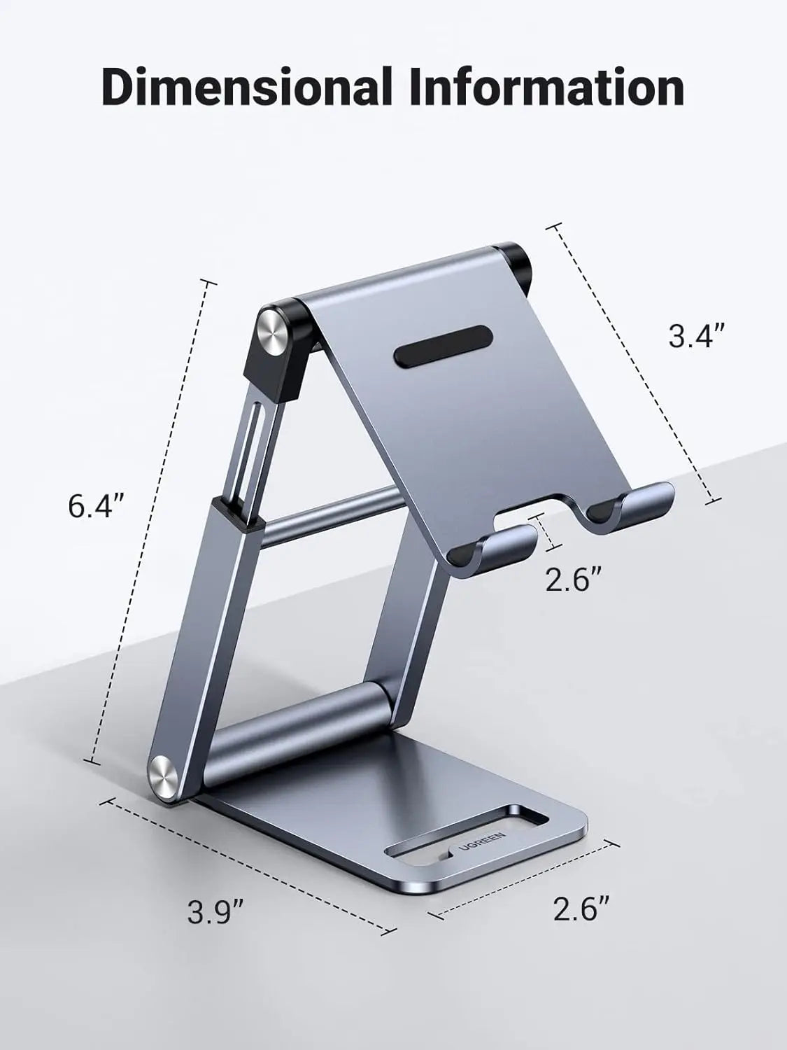 UGREEN LP263 phone stand dimensional diagram showing 6.4-inch height and 3.9-inch base
