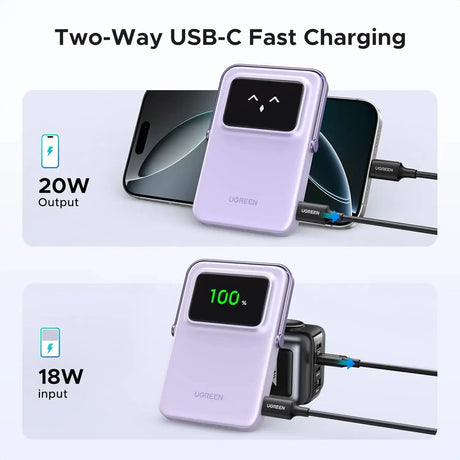 UGREEN 5000mAh Uno Magsafe Power Bank Magnetic 20W Fast Charging with Foldable Stand Emoji TFT Display Power bank for iPhone 16 Pro Max/15 Plus/14/13/12 Series, Purple (35606) Ugreen