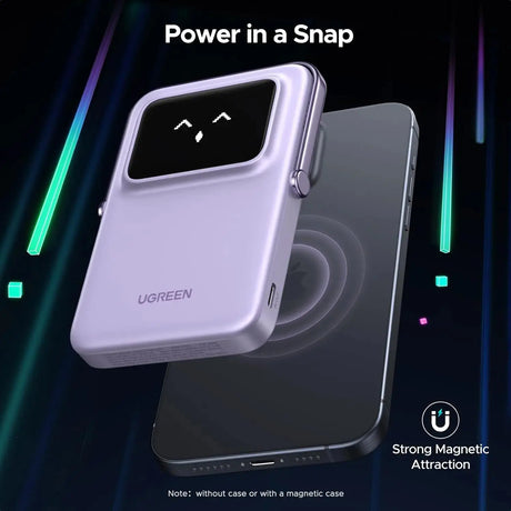 UGREEN 5000mAh Uno Magsafe Power Bank Magnetic 20W Fast Charging with Foldable Stand Emoji TFT Display Power bank for iPhone 16 Pro Max/15 Plus/14/13/12 Series, Purple (35606) Ugreen