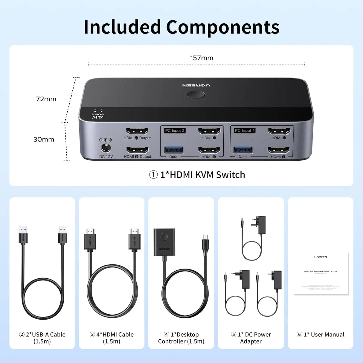 UGREEN HDMI KVM Switch 2 Monitors 2 Computers 4K@60Hz, with 4 USB 3.0 Ports for 2 Computers Sharing 2 Monitors Keyboard Mouse Printer with 4 HDMI Cables, 2 USB Cables, Power Adapter and Controller (55455) Ugreen