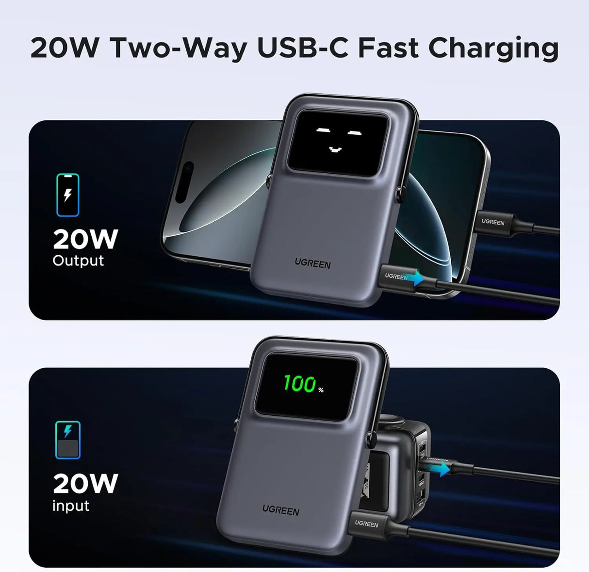 UGREEN 5000mAh Uno Magsafe Power Bank Magnetic 20W Fast Charging with Foldable Stand Emoji TFT Display Power bank for iPhone 16 Pro Max/15 Plus/14/13/12 Series, Black (35605B) Ugreen