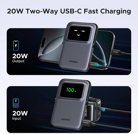 UGREEN 5000mAh Uno Magsafe Power Bank Magnetic 20W Fast Charging with Foldable Stand Emoji TFT Display Power bank for iPhone 16 Pro Max/15 Plus/14/13/12 Series, Black (35605B) Ugreen