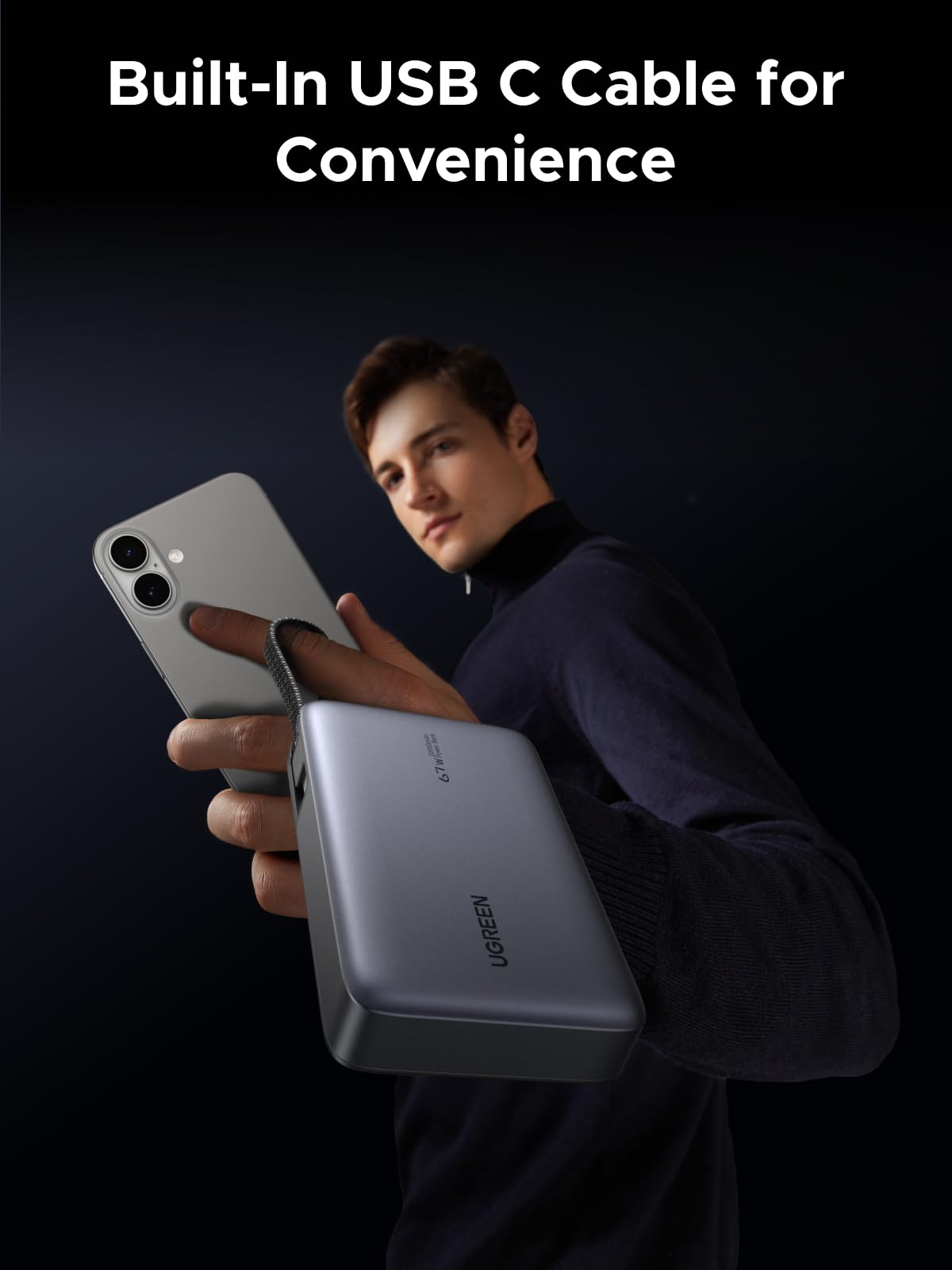 UGREEN Nexode 55996B 20000mAh 67W power bank with built-in USB-C cable built-in USB-C cable for convenience