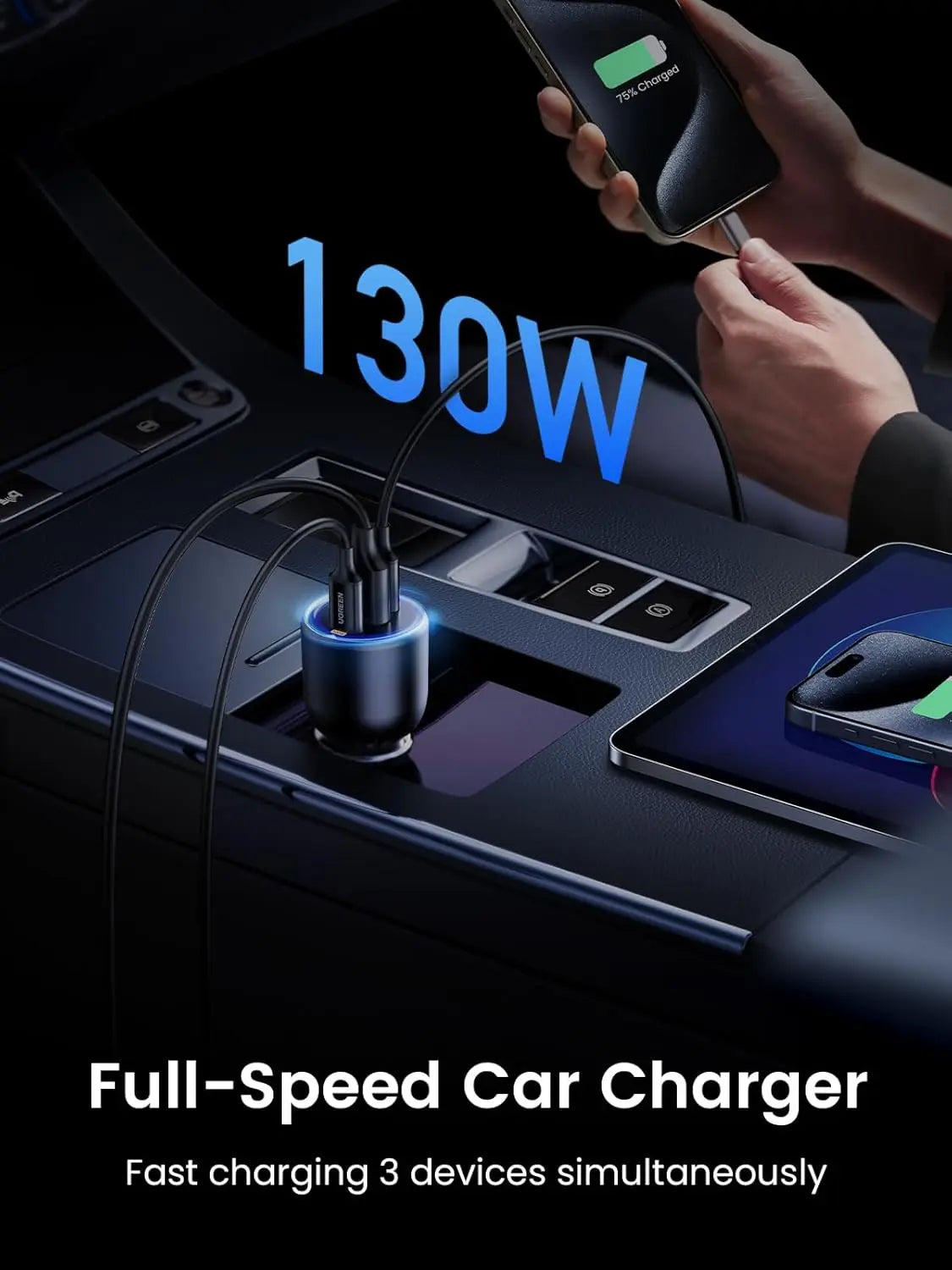 UGREEN 130W USB-C Car Charger PD 100W 30W Type-C Car Charging Adapter iPhone 15 Pro Max iPad MacBook Fast Charging 90413