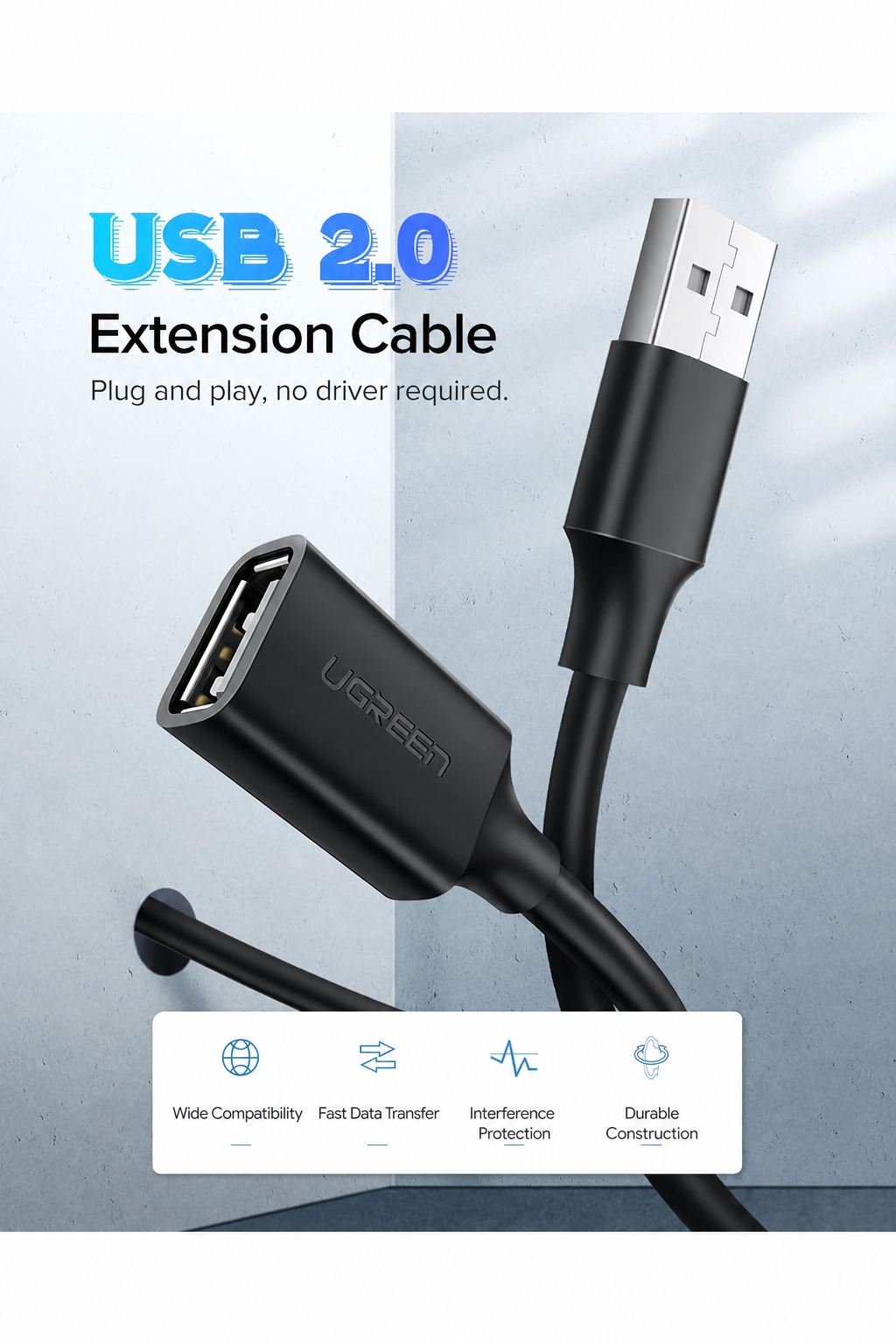 UGREEN US103 5m USB 2.0 Extension Cable – USB-A Male to Female, 480Mbps (10318)