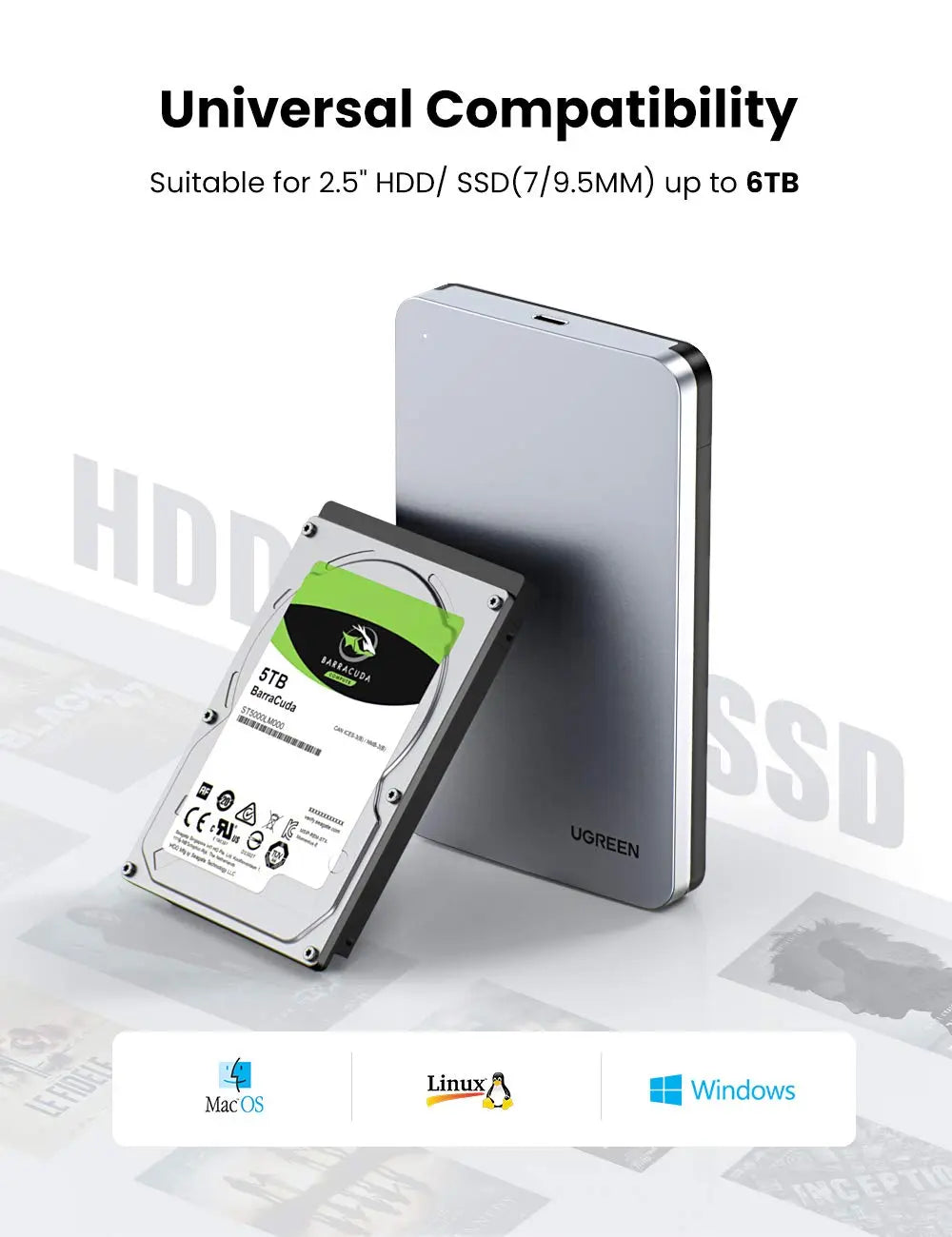 UGREEN 2.5 Inch SATA External Hard Drive Enclosure USB 3.1 Gen 2 UASP Aluminum Tool-Free WD Seagate Samsung PS4 Xbox (70498)