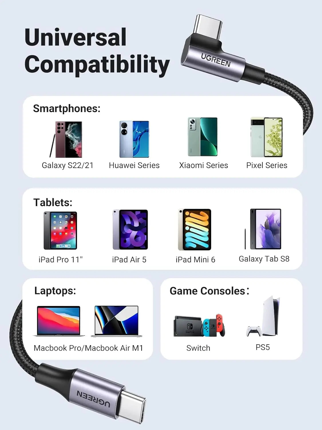 Ugreen 1m USB-C পুরুষ থেকে কোণযুক্ত USB2.0-C পুরুষ 60W গোলাকার কেবল অ্যালুমিনিয়াম শেল নিকেল প্লেটিং নাইলন ব্রেইড- ধূসর/কালো (50123)