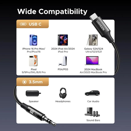 UGREEN 1M/3.3FT USB Type C to 3.5mm Audio Aux Cable, DAC Hi-Res 32bit/384kHz Car Audio TRS Headphone Lead Compatible with Galaxy S25 S24 iPhone 16 15 Pro Max Plus M3 Ultra iPad Air Pixel 9 (55734) Ugreen