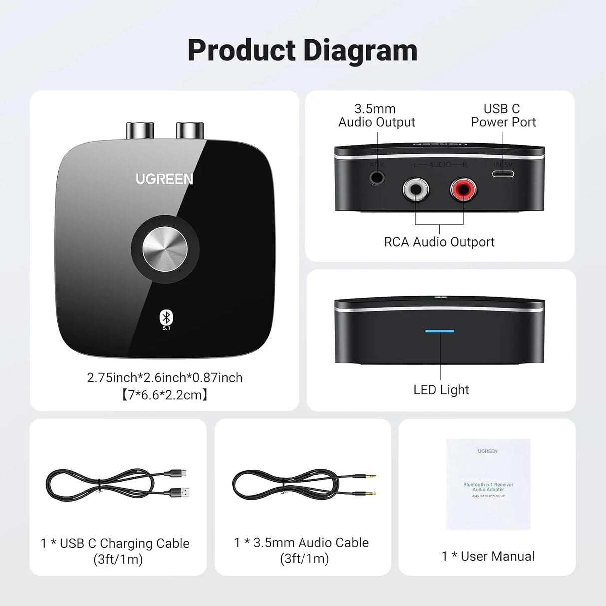 यूग्रीन वायरलेस ब्लूटूथ 5.1 2RCA रिसीवर aptX LL 3.5mm ऑक्स जैक म्यूजिक टीवी कार के लिए (40759)