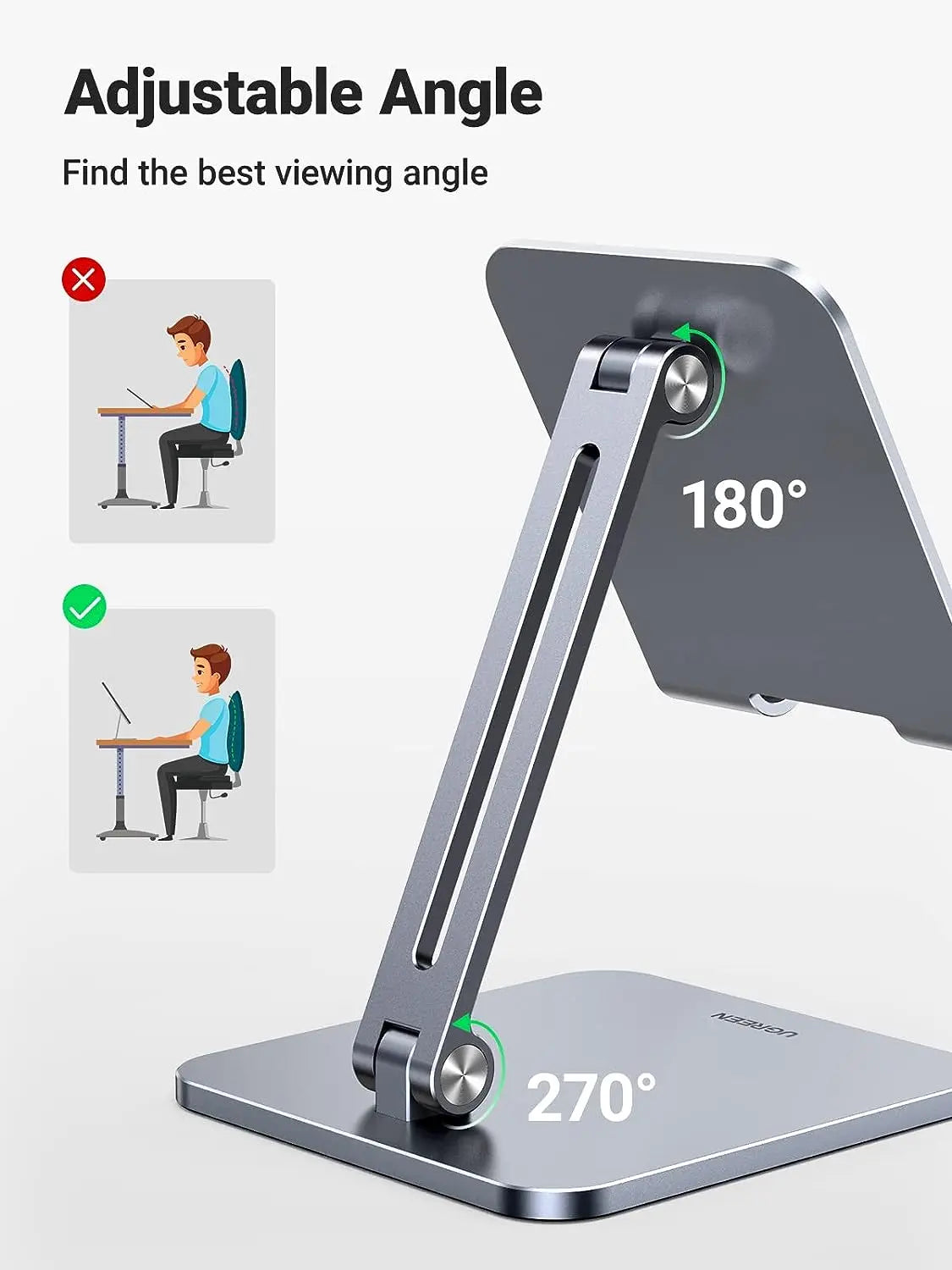 UGREEN LP134 dual-hinge tablet stand showing 180-degree upper and 270-degree lower adjustment