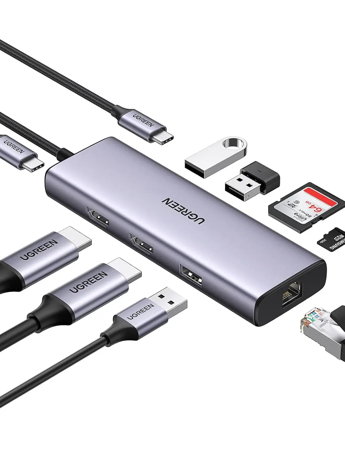 Ugreen 9 इन 1 डुअल Hdmi USB-C मालफंक्शन डॉक 1*USB 2.0, 2*USB 3.0, 1*RJ45(1000M), 1*USB C PD 60w, 2*Hdmi 4k@60Hz, 1*SD स्लॉट, 1*TF स्लॉट के साथ MacBook Pro Air, Dell XPS 13, HP, और अधिक के लिए (90119)