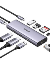 Ugreen 9 इन 1 डुअल Hdmi USB-C मालफंक्शन डॉक 1*USB 2.0, 2*USB 3.0, 1*RJ45(1000M), 1*USB C PD 60w, 2*Hdmi 4k@60Hz, 1*SD स्लॉट, 1*TF स्लॉट के साथ MacBook Pro Air, Dell XPS 13, HP, और अधिक के लिए (90119)