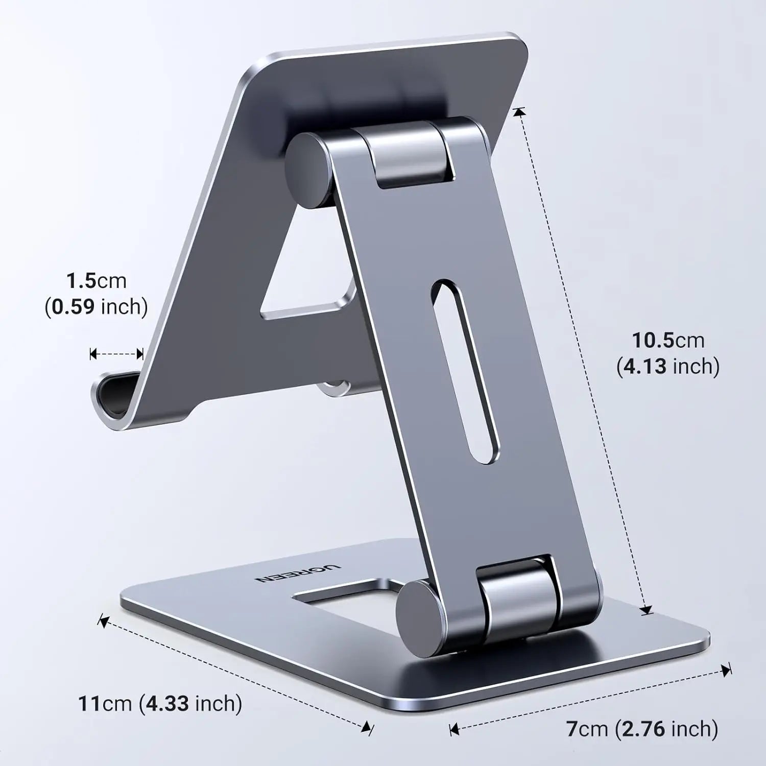 UGREEN LP678 phone stand dimensions showing 11cm base 10.5cm arm and 1.5cm cradle