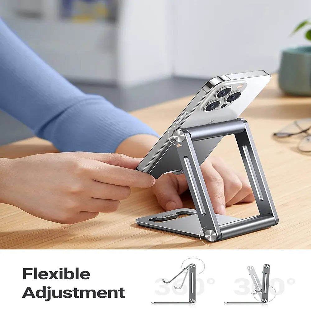 UGREEN LP263 phone stand demonstrating flexible height and 360-degree dual-hinge adjustment