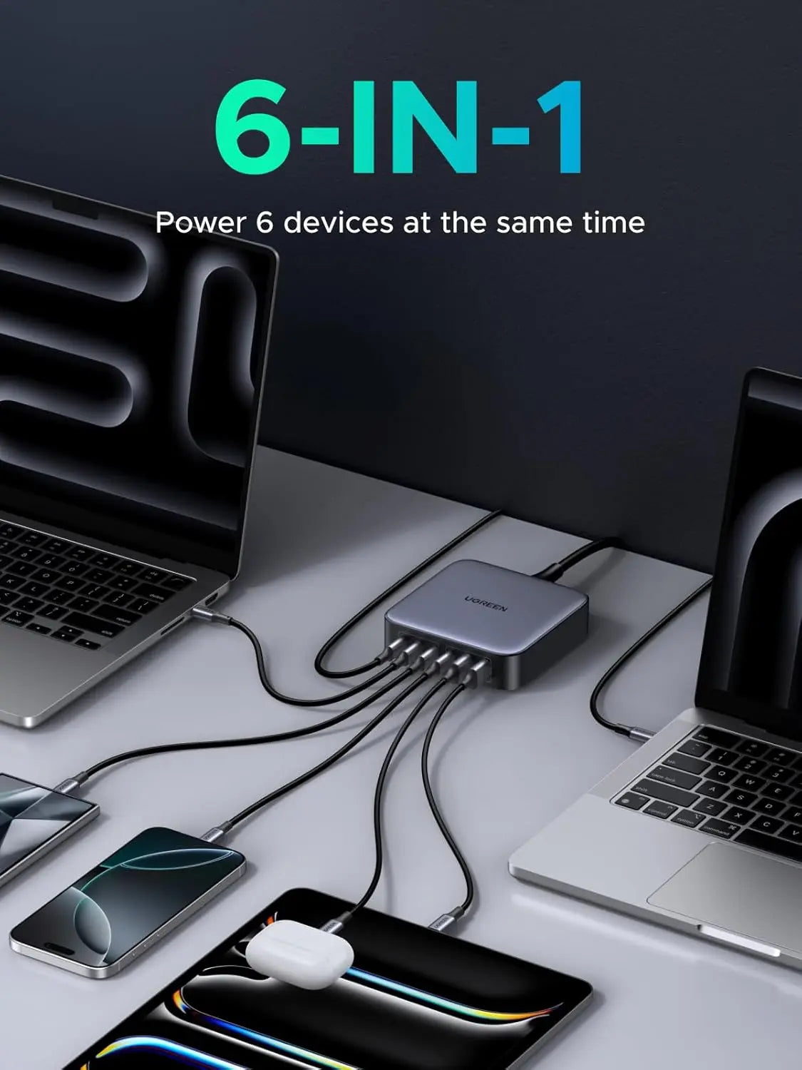 UGREEN Nexode 200W 6-Port GaN II USB-C PD Fast Charger Desktop Station 4 USB-C 2 USB-A MacBook iPad iPhone Galaxy (40914)