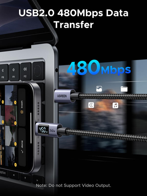 UGREEN 2m 240W USB C to USB-C Cable with Digital Display PD 3.1 Type C to C Fast Charging Cable Compatible with MacBook Pro M4/Air, iPad Pro 2025, HP EliteBook, iPhone Air/17/16, GalaxyS25 (65867)