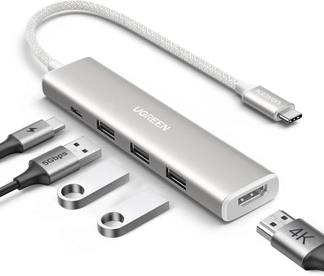 UGREEN Revodok 5-in-1 USB C Multiport Adapter with 100W PD, 4K HDMI, 3x 5Gbps USB-A Ports, Aluminum USB C to HDMI Adapter for M2/M3 MacBook Air, iPhone 15 Series, iPad, Galaxy, XPS, White (35580) - Ugreen India