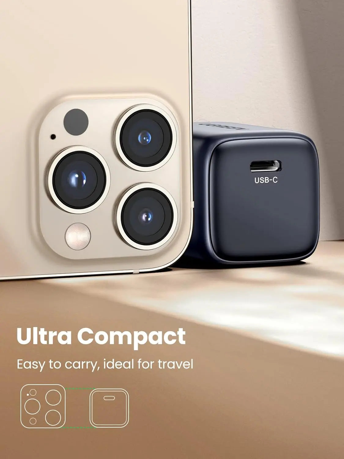 Compact UGREEN Nexode 30W USB-C charger shown beside a smartphone