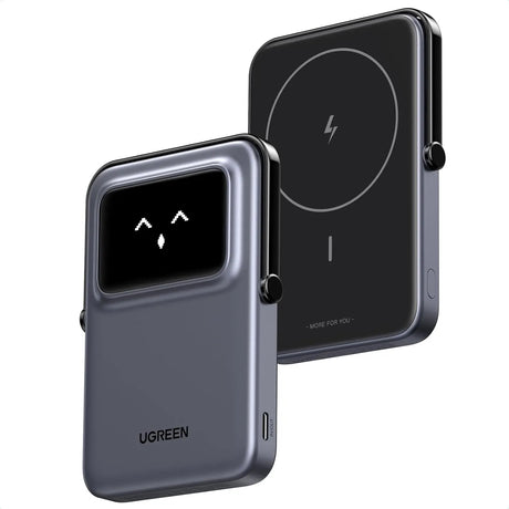 UGREEN 5000mAh Uno Magsafe Power Bank Magnetic 20W Fast Charging with Foldable Stand Emoji TFT Display Power bank for iPhone 16 Pro Max/15 Plus/14/13/12 Series, Black (35605B) Ugreen