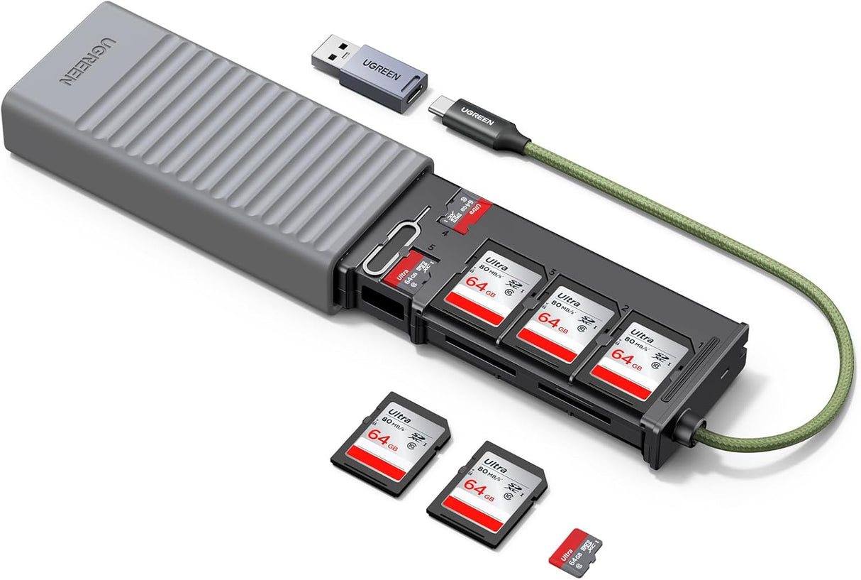 UGREEN Card Reader USB A& USB C for 2x SD+1x TF Cards, 11 Card Storage Slots for 6 SD& 4 TF& 1 SIM Cards, Read 2 Cards for SD/Micro SD/SDHC/SDXC for Photographer, Vlogger, Traveler(55899)