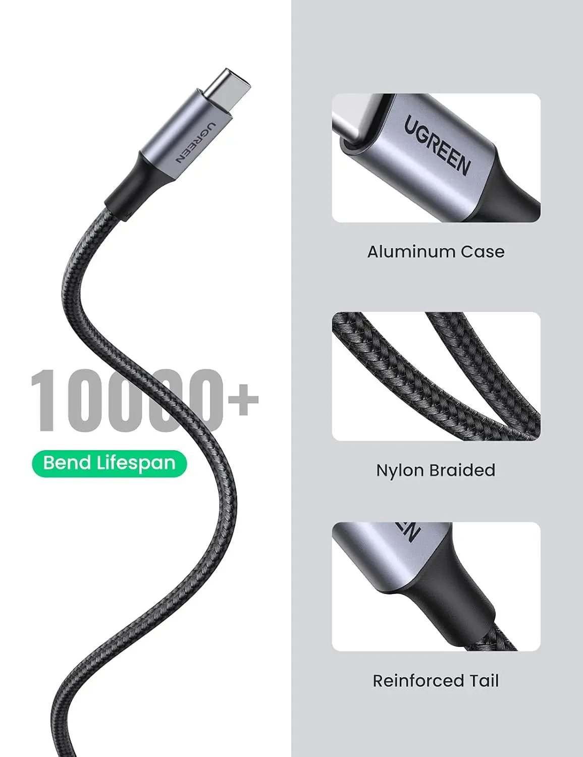 UGREEN USB-A 2.0 to USB Type C Cable 0.5M Male to Male Nickel Plating Aluminum Shell Braided Charging Data Cable (60125)