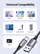 Ugreen 0.25m USB-A 2.0 Male to USB Type C Male কেবল নিকেল প্লেটিং/অ্যালুমিনিয়াম শেল/ব্রেইডেড (60124) 
