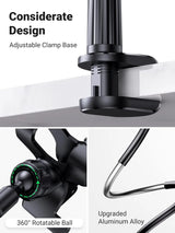 UGREEN Gooseneck Clip Phone Holder for Bed Desk Cell Phone Mount Flexible Lazy Long Arm Clamp Headboard Hand Free Overhead Video Recording Compatible with iPhone Pro Max Samsung Galaxy Ultra, 3.0 ft (80906) - Ugreen India