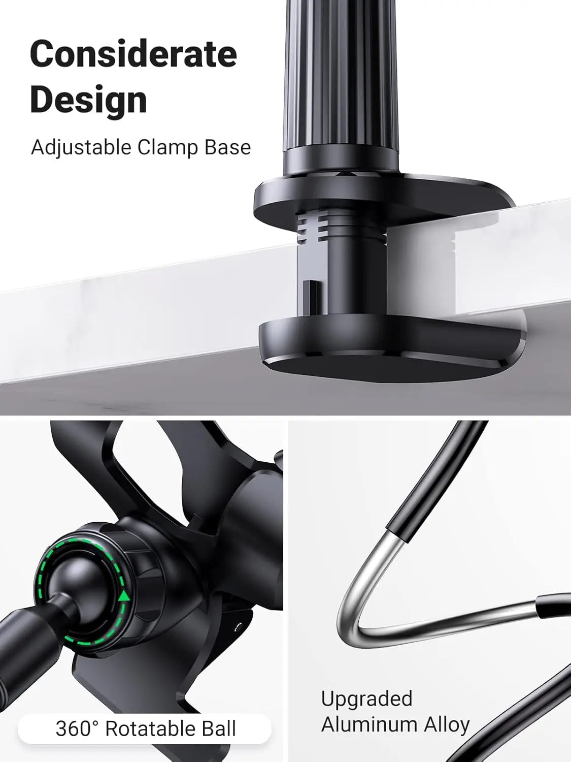 UGREEN phone holder padded base clamp, aluminium alloy arm and 360-degree ball joint
