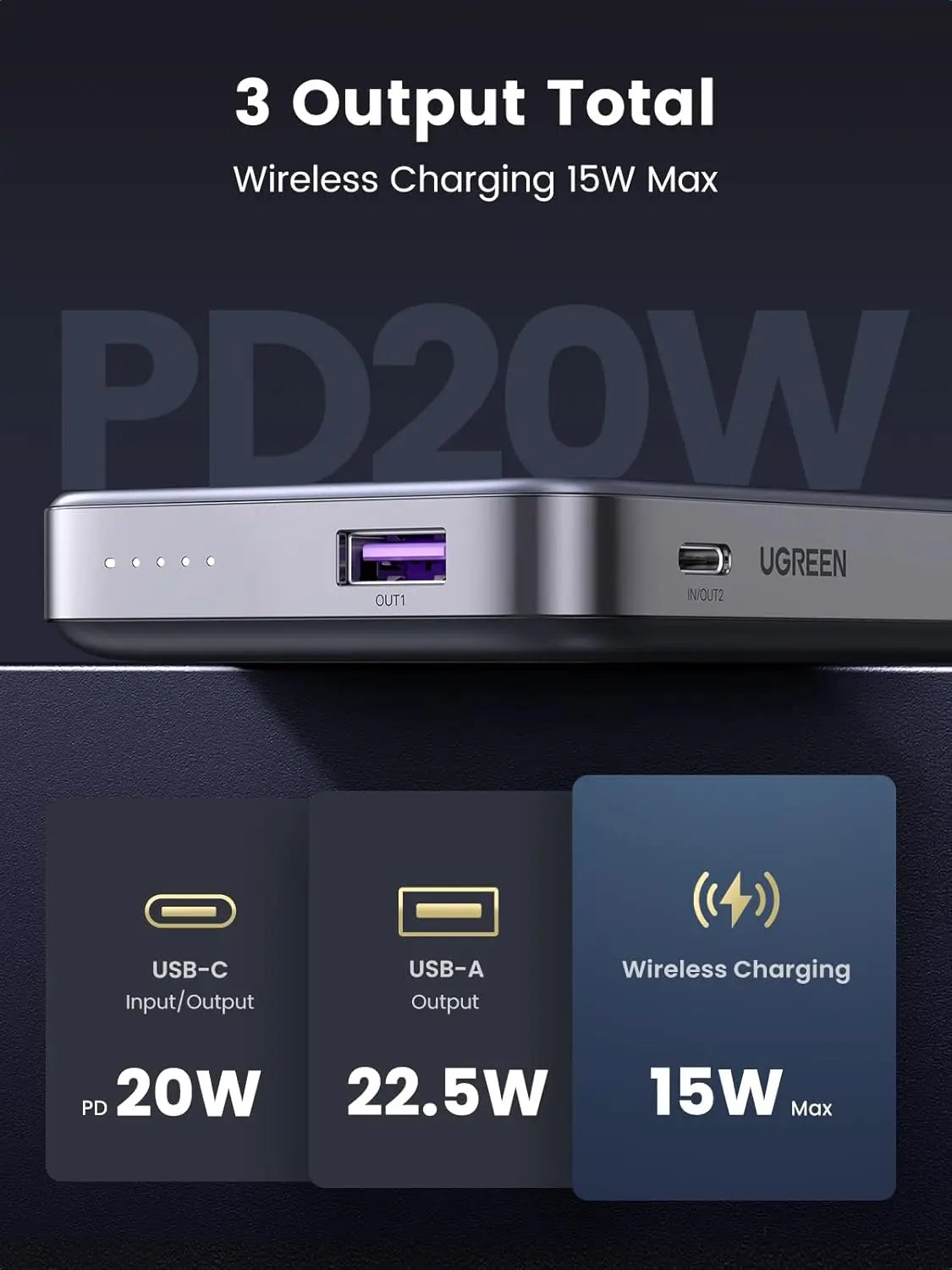UGREEN 10000mAh Magnetic MagSafe Power Bank 3 Port Wireless Portable Charger PD 20W Foldable Stand iPhone 16 15 14 (15086)