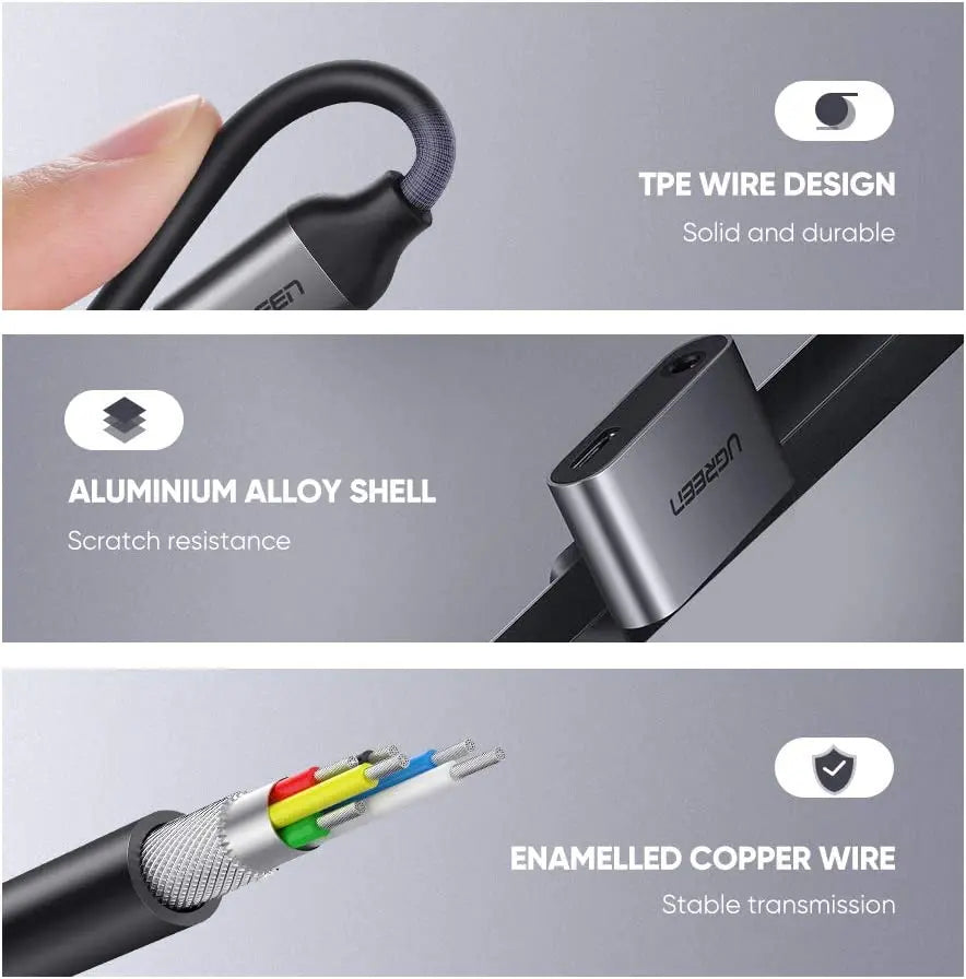 UGREEN 2-in-1 USB-C Female to Dual Port USB-C 3.5mm Audio Female Adapter 30W PD3.0 QC3.0 Fast Charging Type-C (50596)