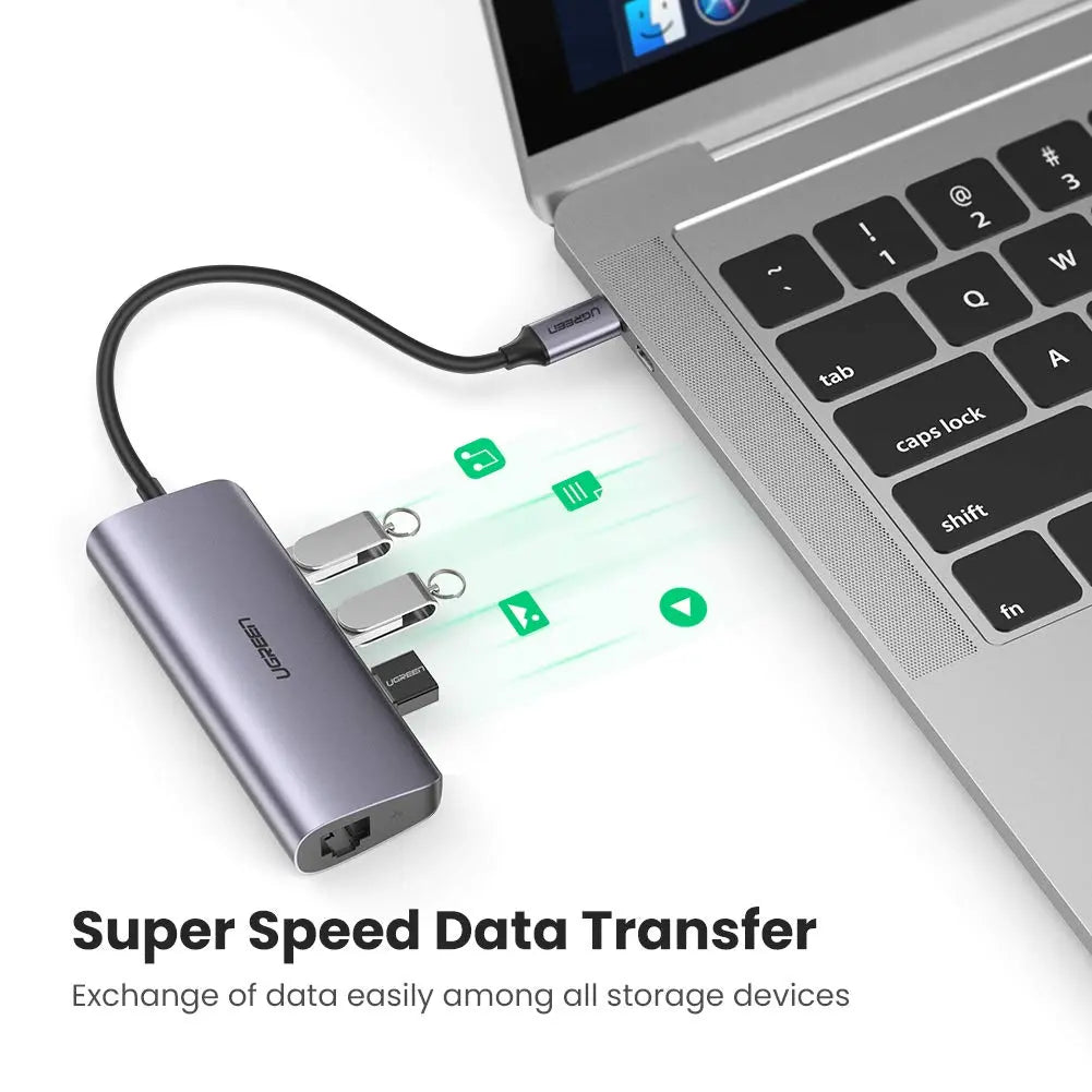 UGREEN USB C से 3 पोर्ट USB 3.0 डॉक गीगाबिट ईथरनेट के साथ, मैकबुक प्रो एयर, डेल एक्सपीएस 15 13, क्रोमबुक पिक्सेल, सरफेस बुक 2, सैमसंग S10 S9 प्लस S8 नोट 9 8 आदि के लिए माइक्रो USB पावर। (60718)